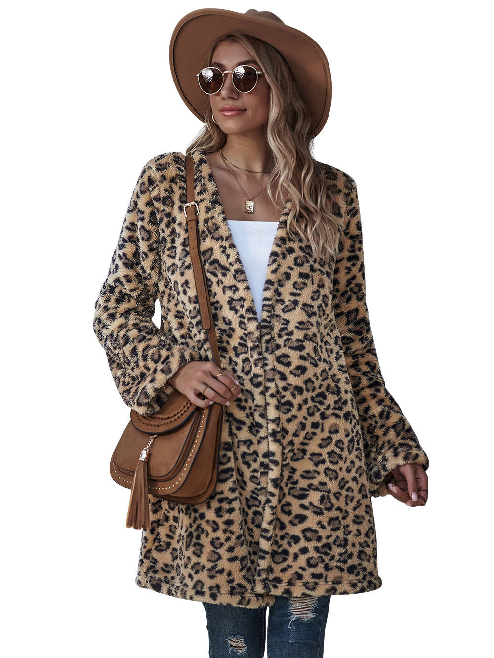 women s new leopard print cardigan mid-length slim casual jacket NSDF3934