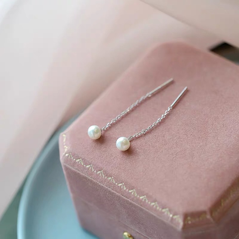 Ball Pattern 1 Pair 925 Sterling Silver Freshwater Pearl Ball Ear Line
