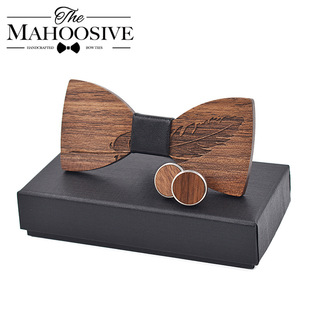 Mahoosive men's wedding fashion wooden bow tie carved feather wedding bow cufflinks set