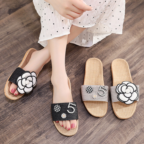 2024 New Summer Collection Small Chanel-style Flower Linen Slippers for Women - Home Flat Non-slip Cooling Slippers for Dropshipping