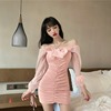 Straight neck low cut shoulder slim wrap hip dress mesh Long Sleeve Dress