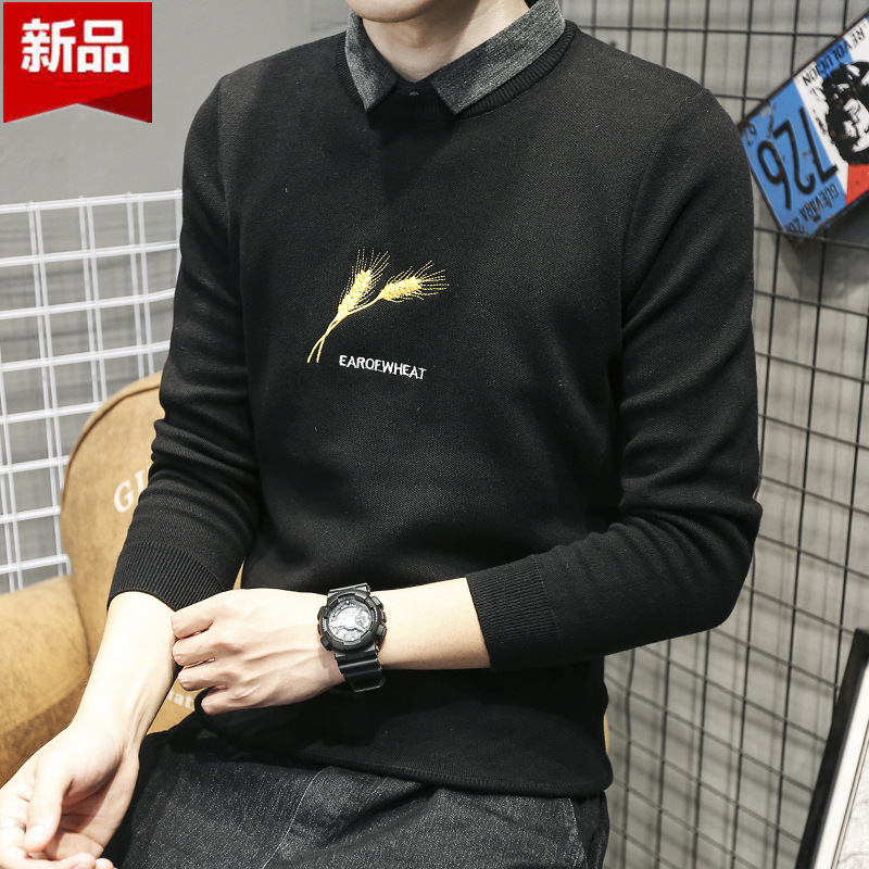 2020秋季新款假兩件毛衣男韓版襯衫領男士針織衫麥穗刺繡休閑線衣