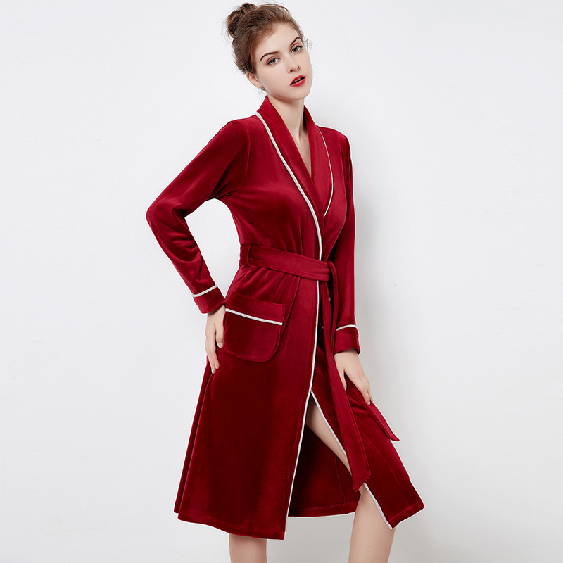 秋冬新款珊瑚绒睡袍女士简约长款海岛绒睡衣法兰绒家居服一件代发|ms