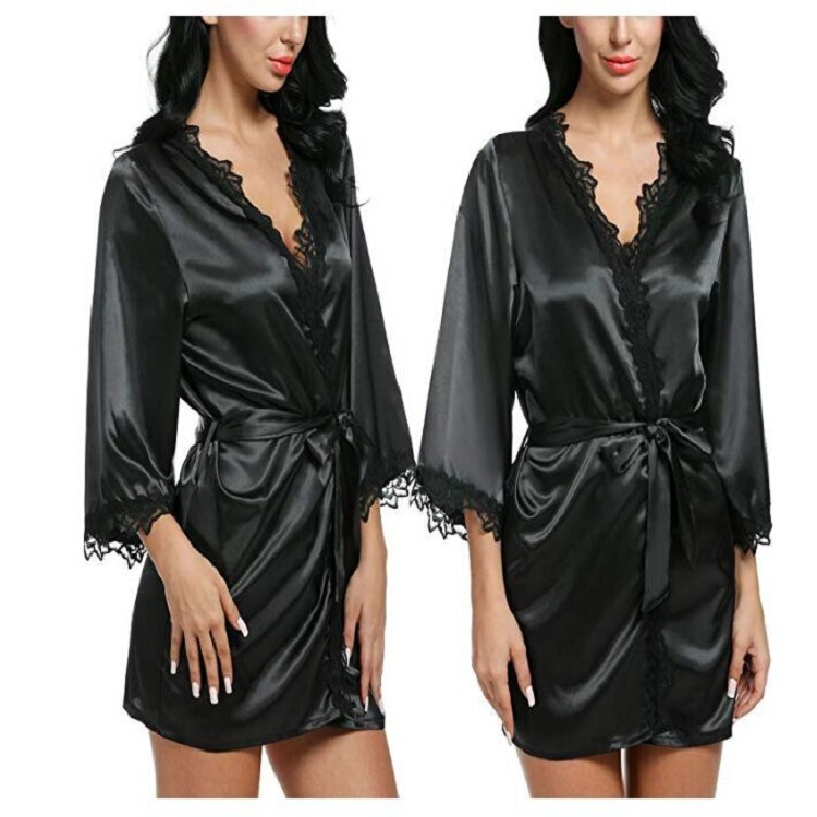 New European and American sexy pajamas simulation silk sexy lace plus size cardigan robe dressing gown cross-border wholesale