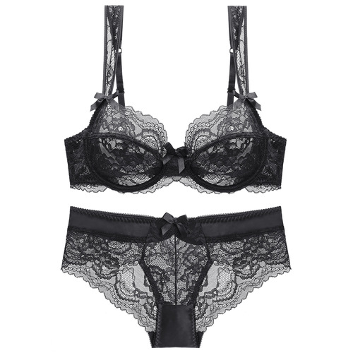 New 1761 Thin European and American Women's Underwear Sexy Transparent Ultra-Thin Padless Lace Bra Set