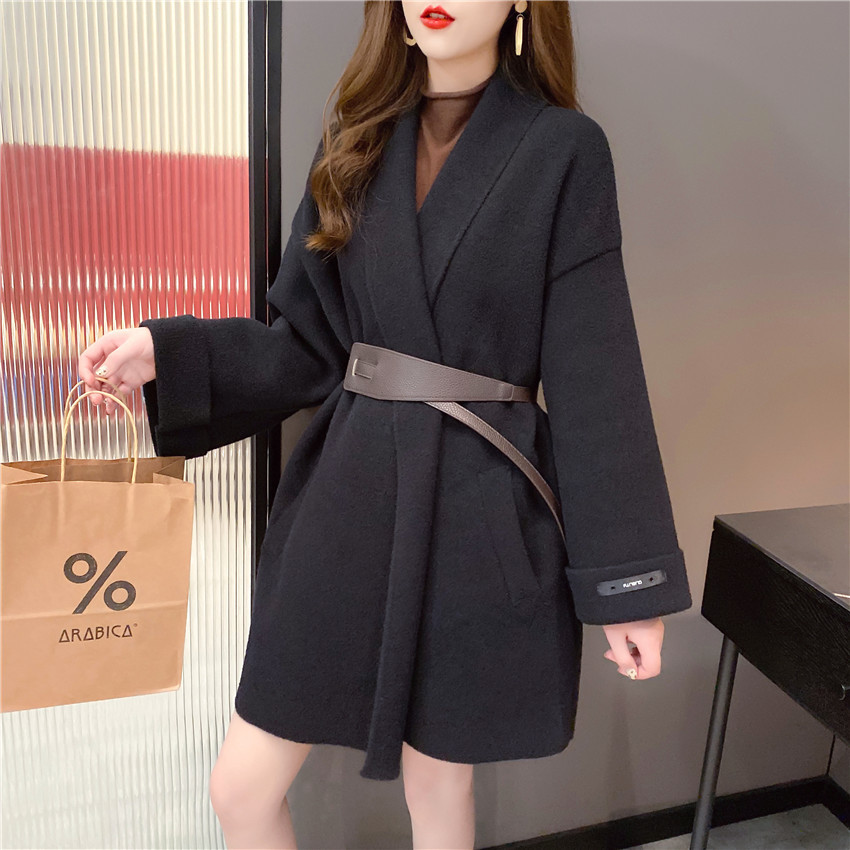 2020秋季新款外套女双面尼腰带时尚女装韩版显瘦加厚开衫大衣