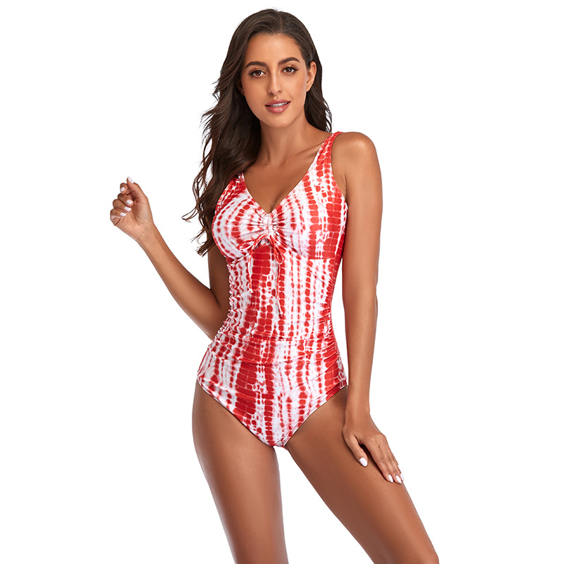 pleated double shoulder strap one-piece swimsuit  NSHL34103