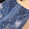 Mesh stitching clear color jeans set with holes and beading