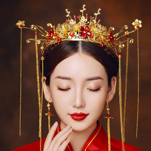 Ancient costume Chinese bridal hair accessories Xiuhe clothing Phoenix crown headdress wedding tassel wedding antique hair crown women