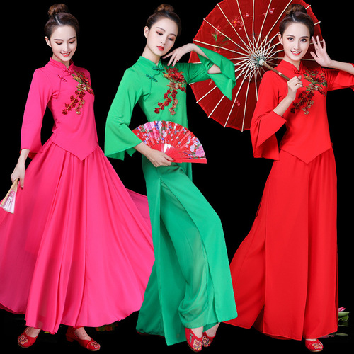 Women chinese folk dance dress fan umbrella Yangko dance costumes  group fan dance performance dress