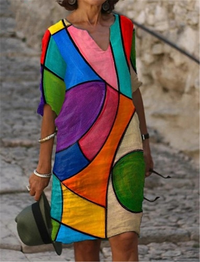 亚马逊欧美秋季棉麻小V领拼接复古印花长袖连衣裙女|ms