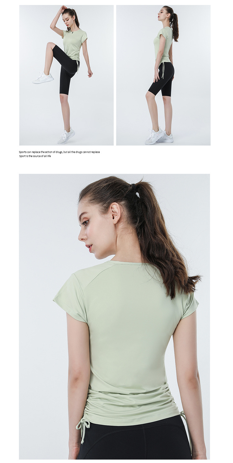 T-shirt à manches courtes à cordon de serrage européen et américain, vêtements de yoga, haut pour femmes, vêtements de fitness, de course à pied, slim et minces_voghion.com