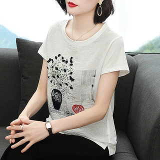 竹节棉t恤女短袖宽松2022新款夏装棉质半袖体桖中年妈妈遮肚上衣