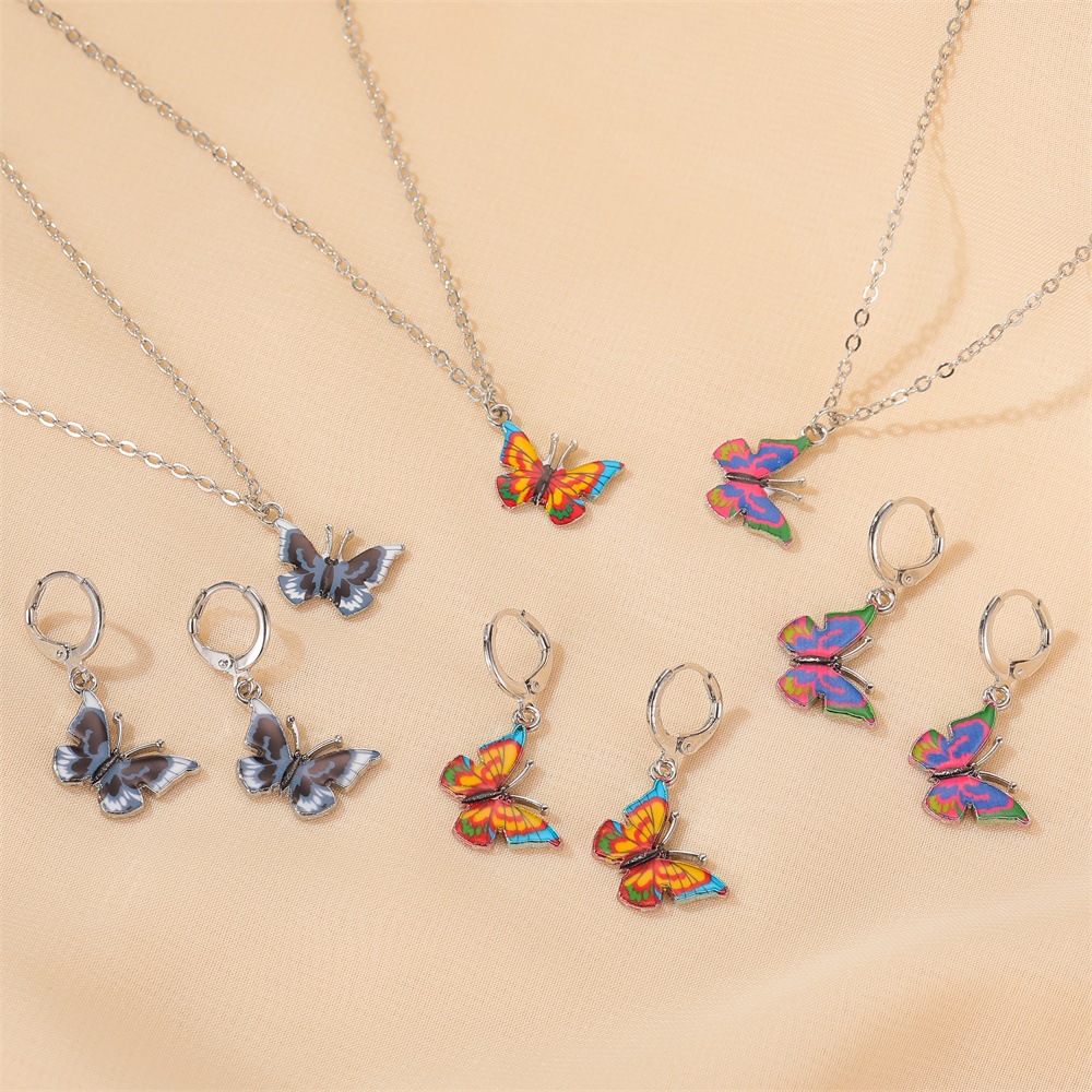 New Set Jewelry Fashion Color Fantasy Butterfly Necklace Sweet Butterfly Earring Set Wholesale Nihaojewelry display picture 5