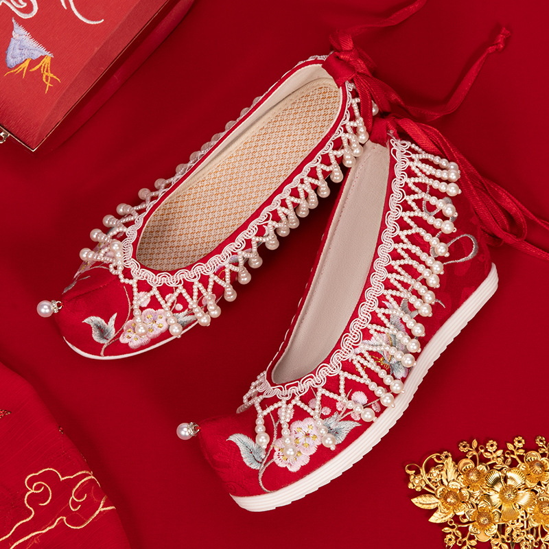 朝暮秀禾鞋红色高跟婚鞋中式婚礼新娘上轿老北京绣花串珠布鞋