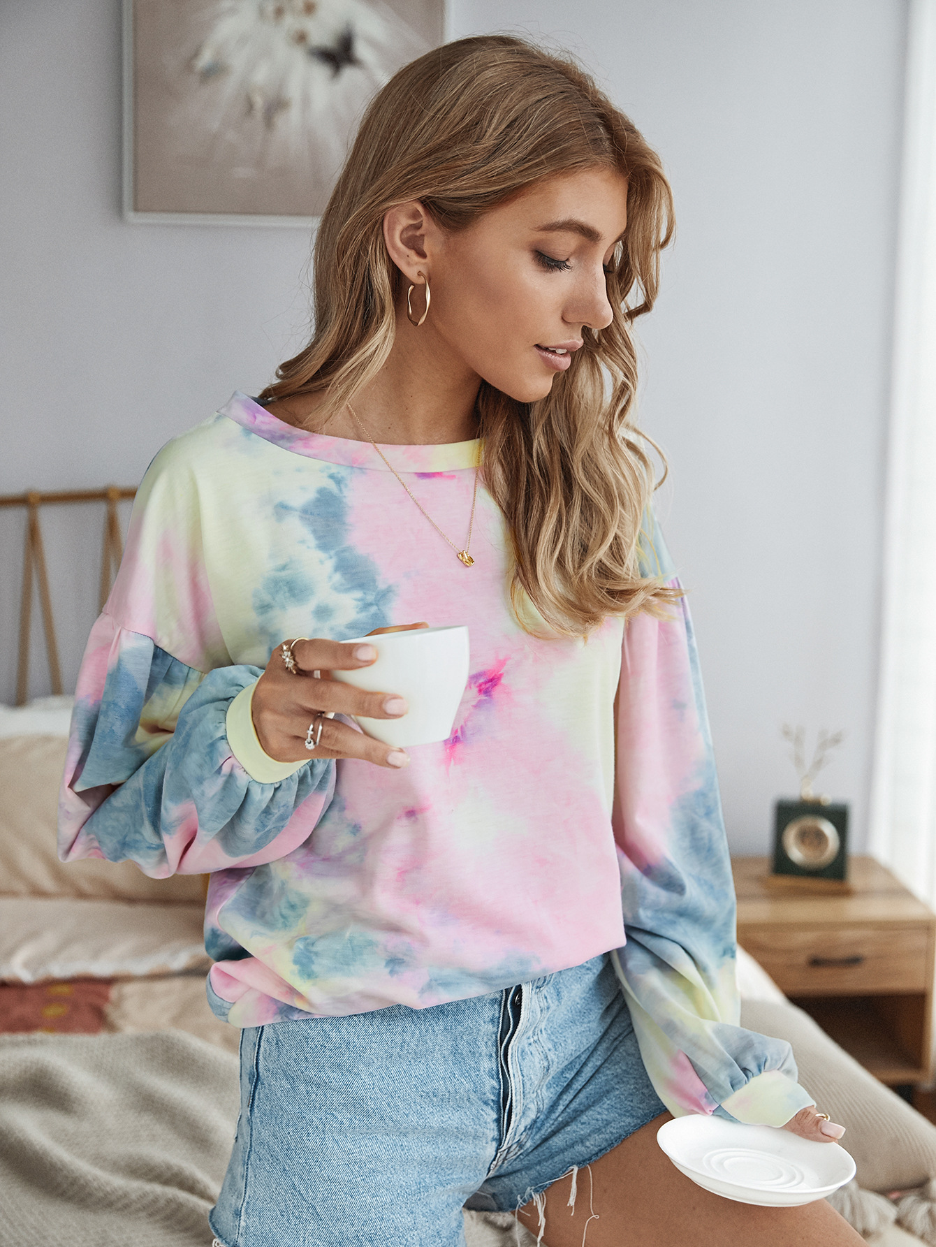 fashion contrast color tie-dye long-sleeved T-shirt NSDY7675