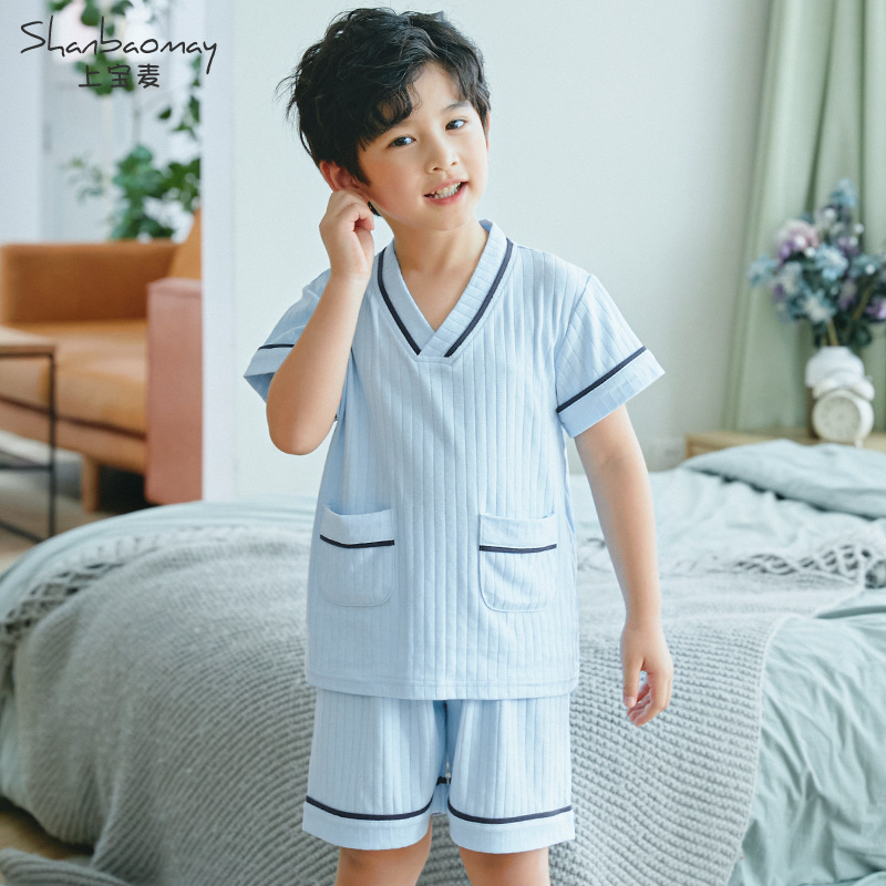 어퍼 바오 마이 어린이 잠옷 반소매 소년 잠옷 홈 의류 세트 여름 새 어린이 에어컨 옷 파자마 얇은