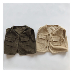 Children's vests and waistcoats spring and autumn new Korean style Japanese corduroy pocket sleeveless vests for boys and girls corduroy vests