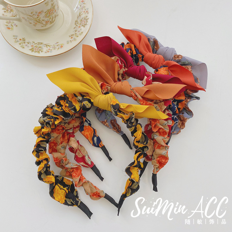 Estilo coreano floral plisado diadema retro todo partido arco fino diadema nueva tela Orejas de conejo lavado de cara Paquete de pelo