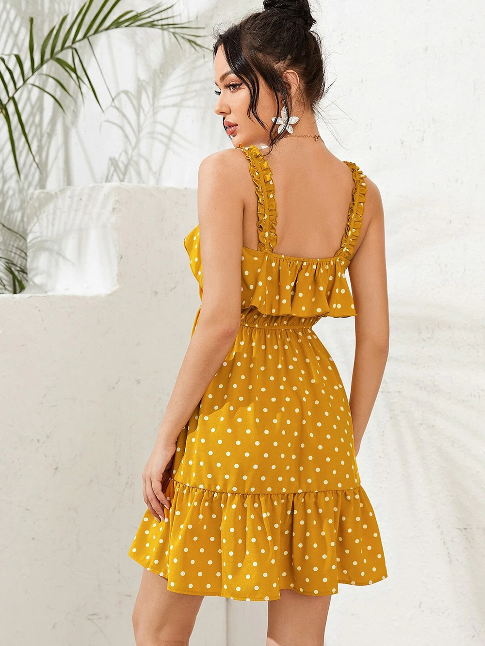 women s summer new pleated ruffled high waist elastic suspender skirt vacation polka dot dress NSDF405
