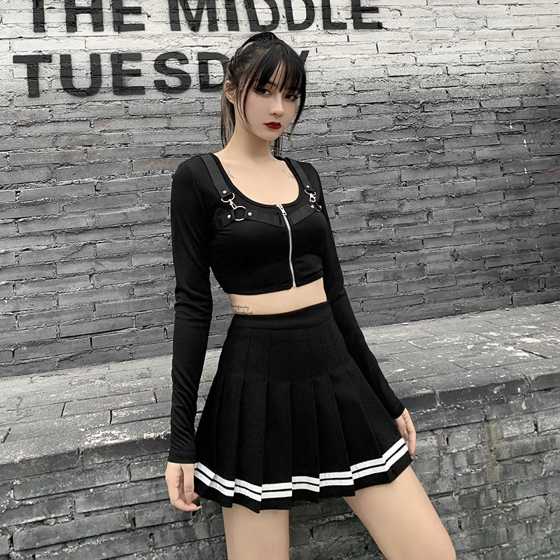 Punk Style A-Line Half-Length Pleated Little Black Skirt NSXE80585