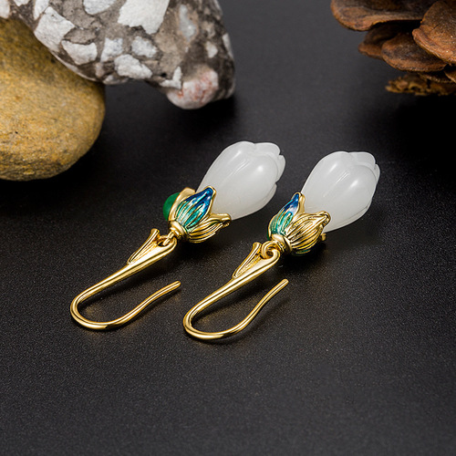 Retro ethnic style earrings, feminine tulip earrings, white jade earrings, magnolia earrings, simple earrings