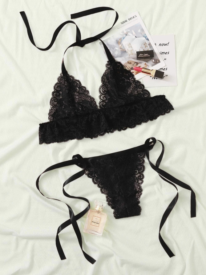 夕澤情趣現貨歐美新款情趣內衣蕾絲三點式情趣內衣綁帶兩件套