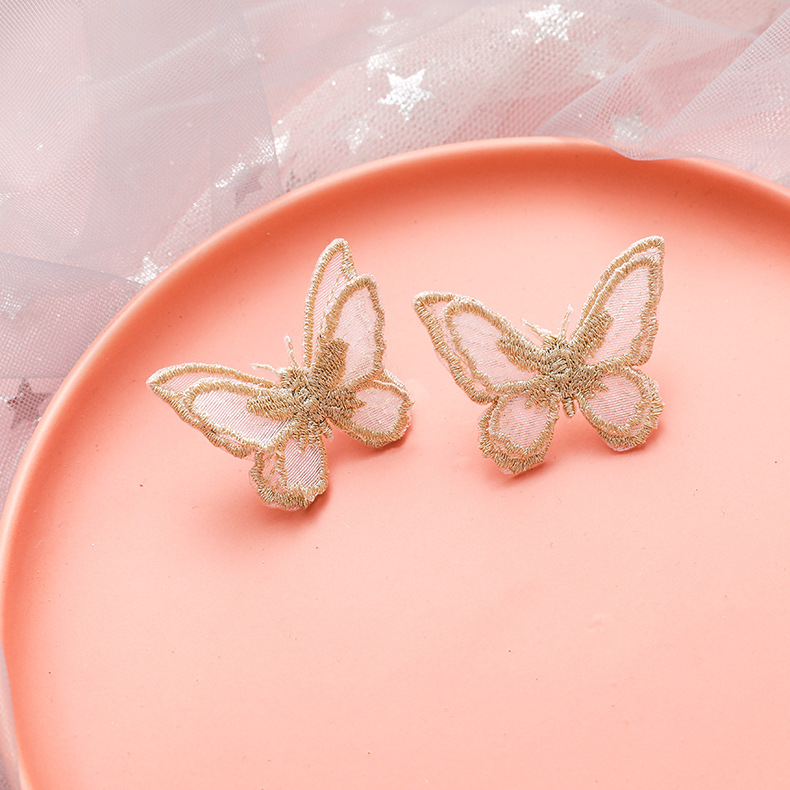 Lightweight Butterfly Double-layer Butterfly Three-dimensional Embroidery Color Butterfly Earrings 925 Silver Needle Earrings Wholesale Nihaojewelry display picture 13