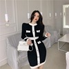 Black and white single breasted buttock skirt knitted skirt long sleeve dress