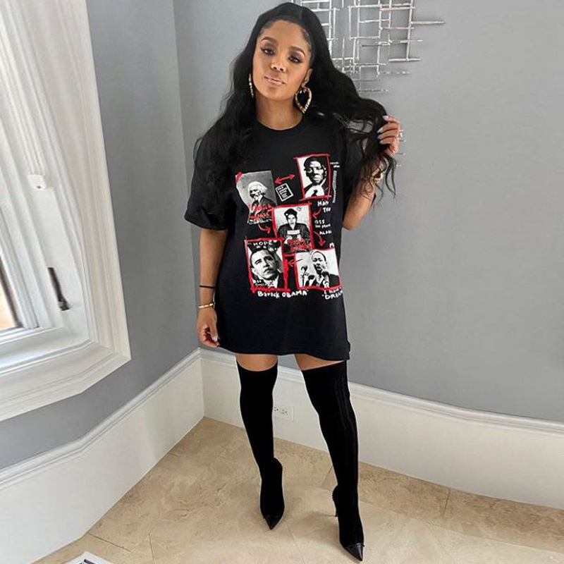 Women Casual Loose Straight Mid Length Short Sleeved Printed T shirt Women