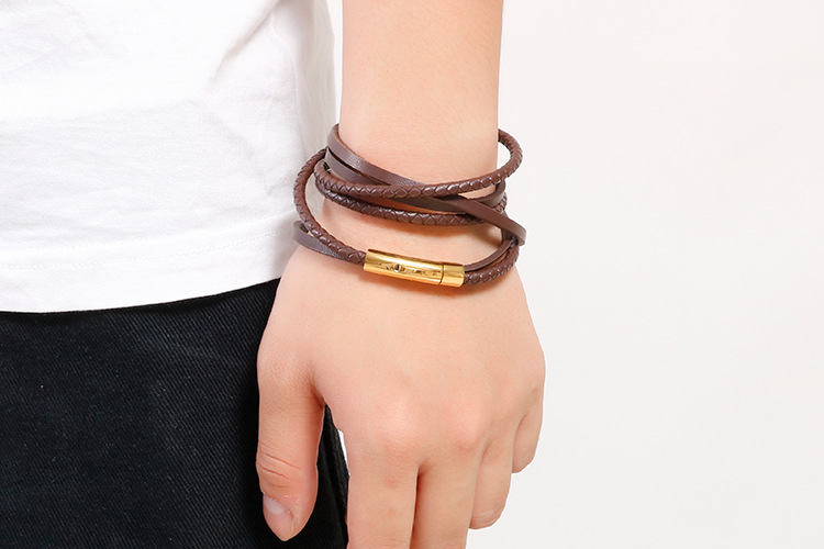 1 Piece Quantity Hip-Hop Retro Geometric Stainless Steel Leather Braid Men's Wristband Men Cord & Leather Bracelets