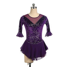 定制儿童成人花样滑冰服溜冰服表演服比赛考级裙子紫色银花中袖