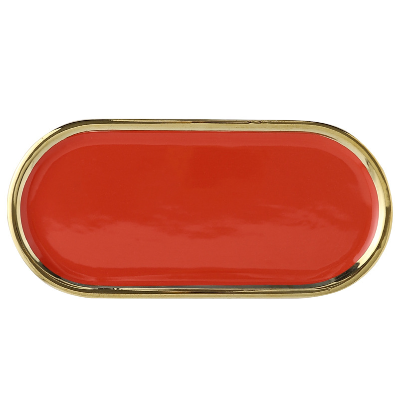 Nordic ins borde dorado placa de cerámica creativa gran bandeja de la joyería roja placa de caramelo suministros de la boda placa de almacenamiento en el hogar