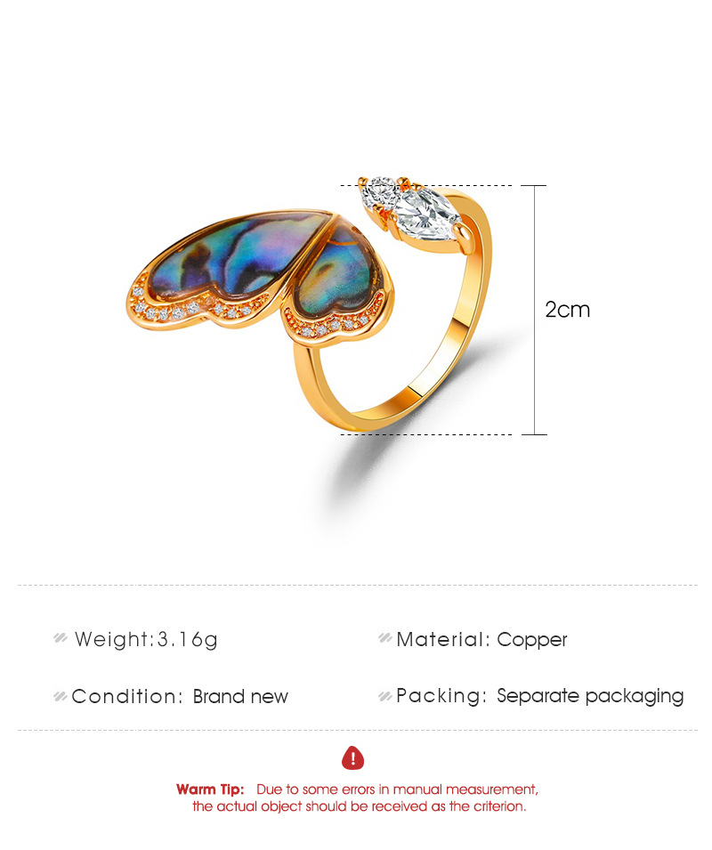 New Fantasy Seashell Wings Colorful Butterfly Micro-inlaid Zircon Copper Open Ring display picture 1