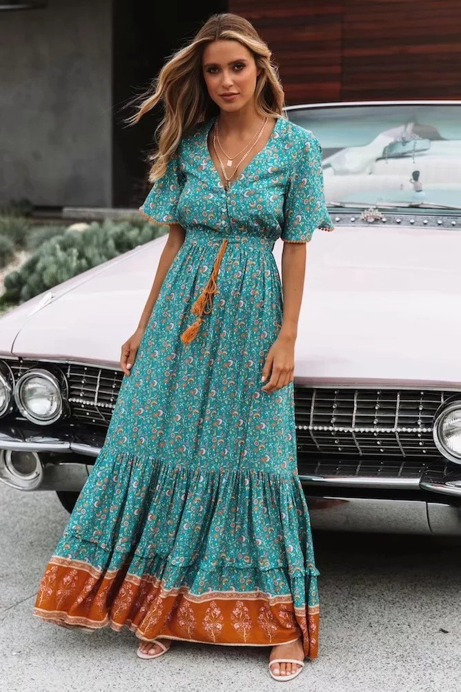 new bohemian big swing V-neck lace-up printed dress NSYD4099