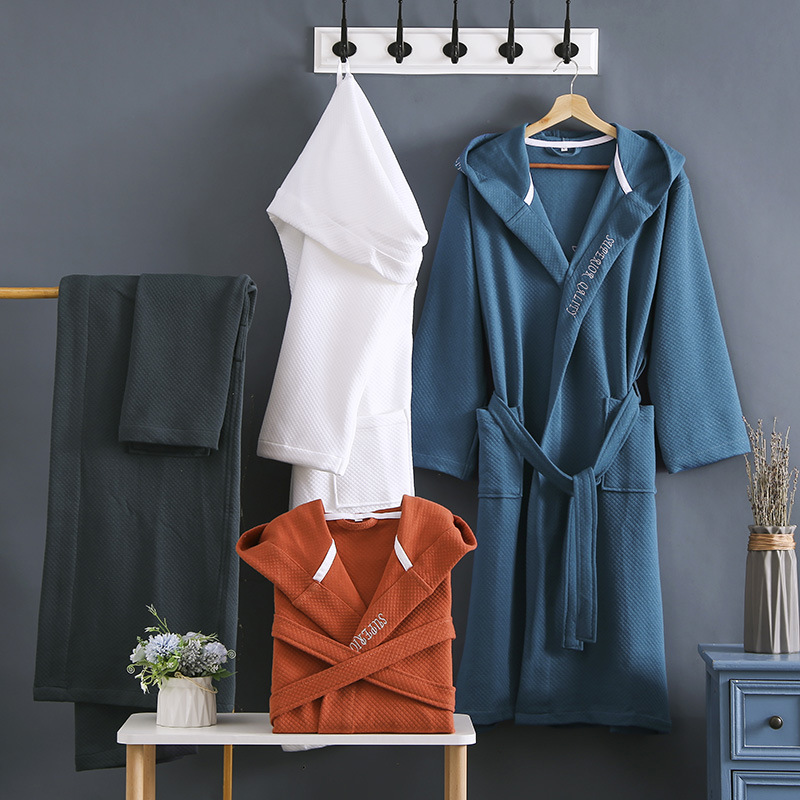 Factory direct supply hotel bathrobe spring and autumn hooded pajamas for men and women couples pure cotton extra long bathrobe one-piece pajamas