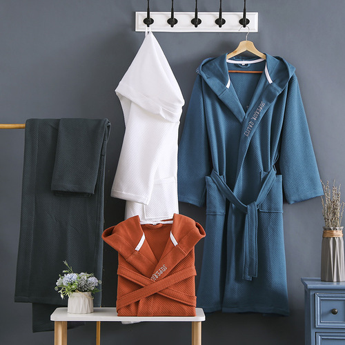 Factory direct supply hotel bathrobe spring and autumn hooded pajamas for men and women couples pure cotton extra long bathrobe one-piece pajamas