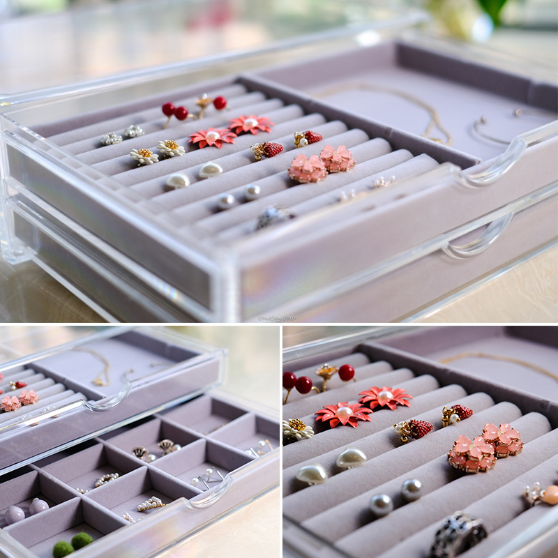 首饰盒透明亚克力化妆品饰品收纳盒 绒布耳环耳钉发卡公主饰品