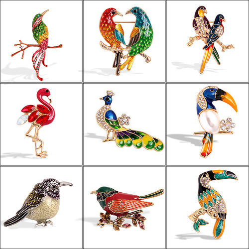 European and American cross-border bird rhinestone oil-drip diamond brooch suit jacket coat collar pin animal cartoon one-word pin