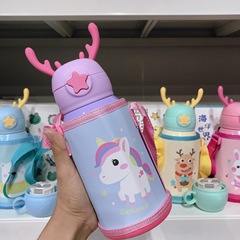 嬰幼兒鹿角保溫杯兒童卡通吸管杯316不鏽鋼兒童水壺帶背繩