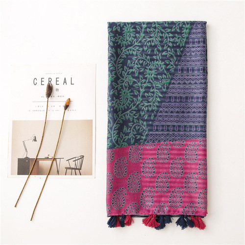 Foreign trade export original single ethnic style plant flower contrasting color cotton and linen scarf silk scarf travel sun protection shawl for women