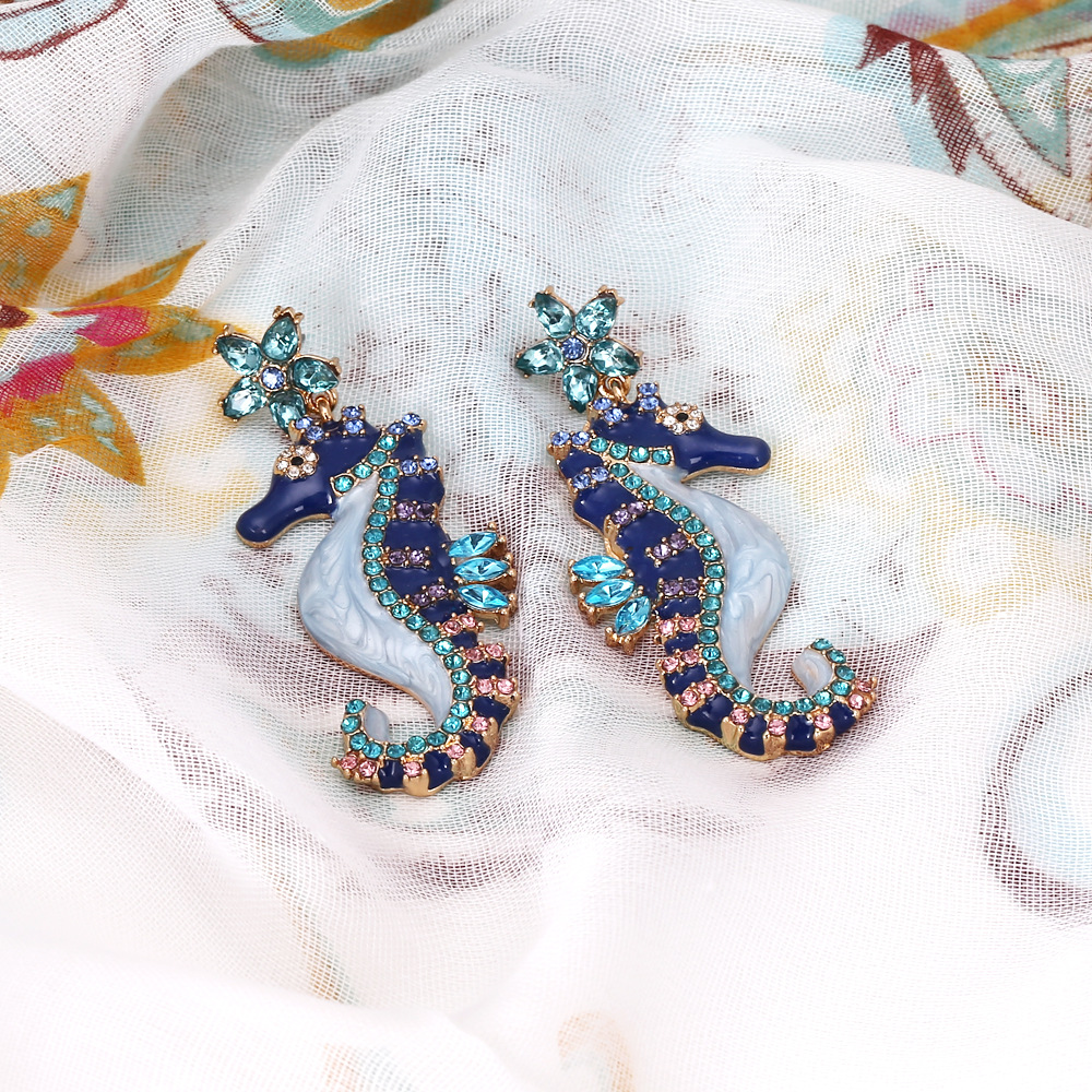 Enamel Design 1 Pair Cartoon Style Cute Hippocampus Enamel Zinc Alloy Rhinestones Drop Earrings