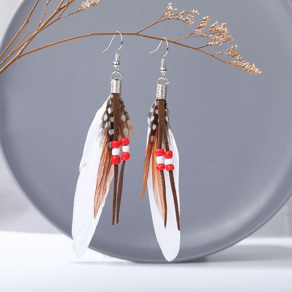 Fashion Solid Color Feather Beaded Tassel Women's Drop Earrings 1 Pair display picture 3