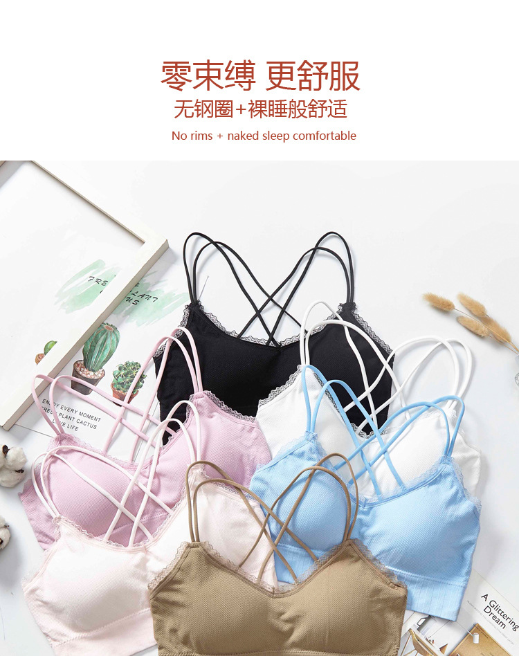 New non-mainstream color lace beauty back spaghetti-strap strapless bra for women without steel rings, with chest pads and thin shoulder straps detail image 1