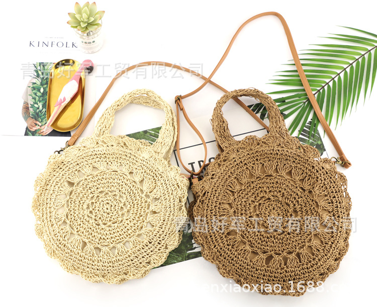 Manufacturer Ins New Round Flower Paper String Straw Bag Shoulder Hand-carrying Knitting Casual Women's Bag Beach Bag display picture 1