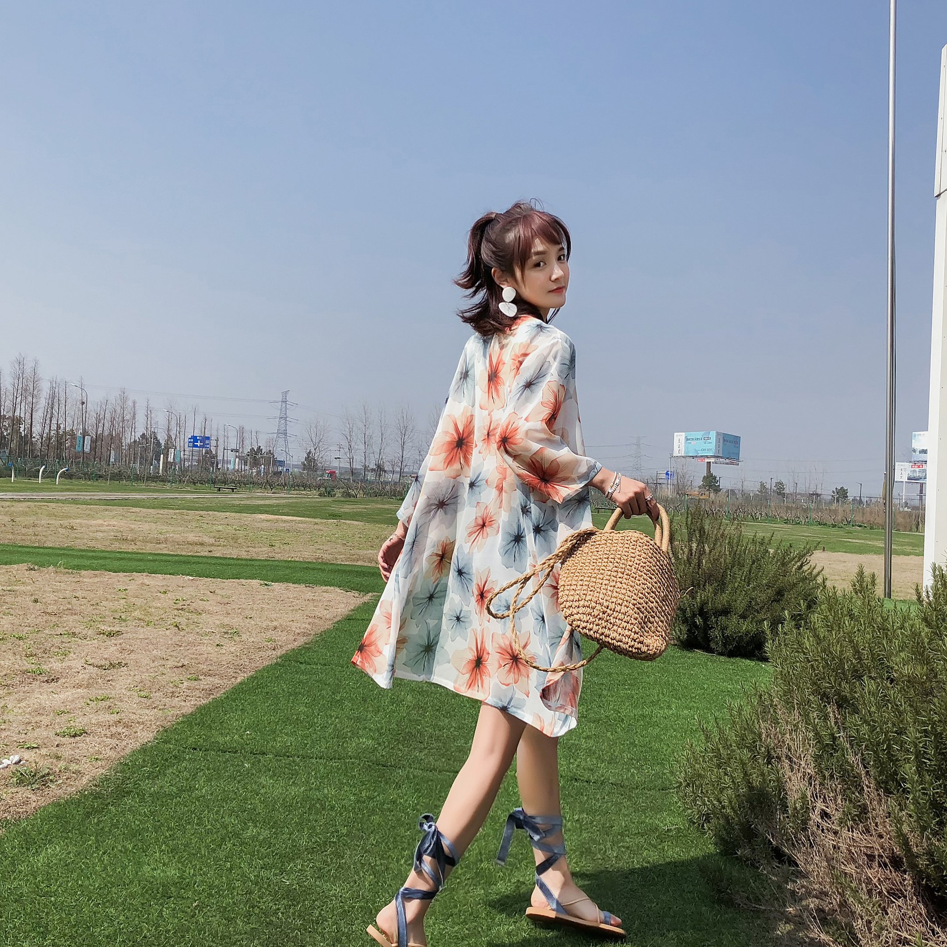 2020春夏中长款雪纺衫防晒衣女七分袖印花防紫外线度假风开衫上衣|ru