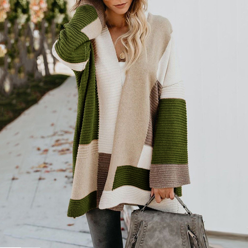 autumn and winter new sweater plus size loose geometric color matching sweater cardigan NSYF848