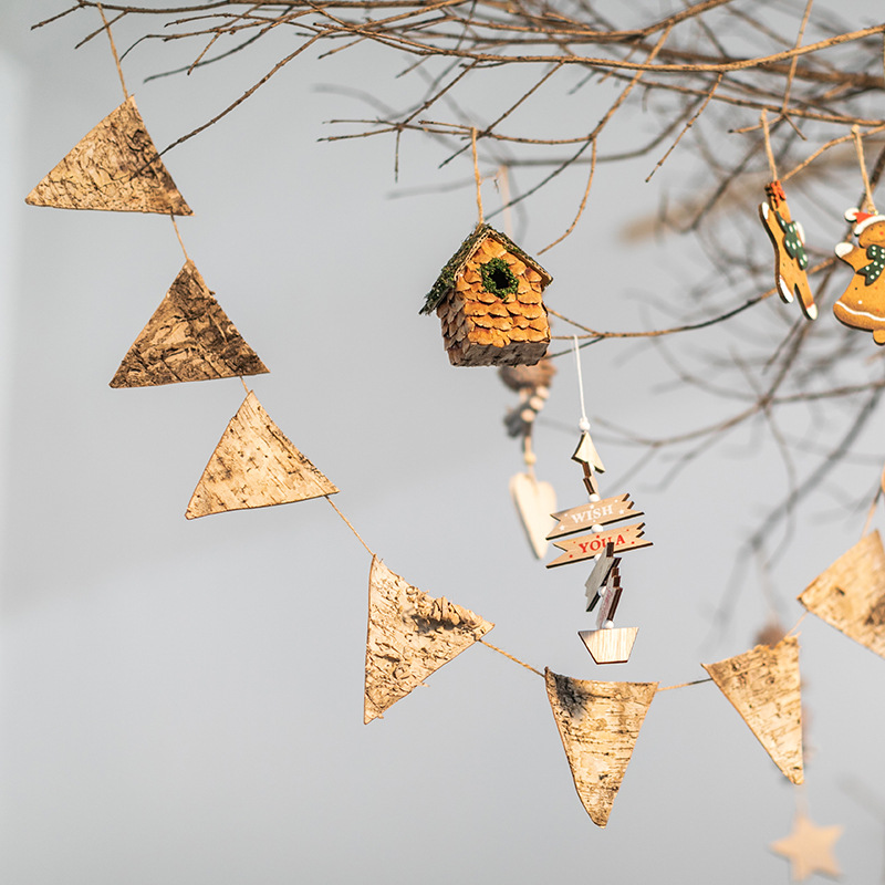 Feliz Navidad corteza de abedul natural bandera triangular fiesta bandera Mori colgante de decoración de Navidad