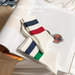 34278 Hello Monday red and blue striped socks for men and women, mid-calf sports college style Korean version Japanese ins