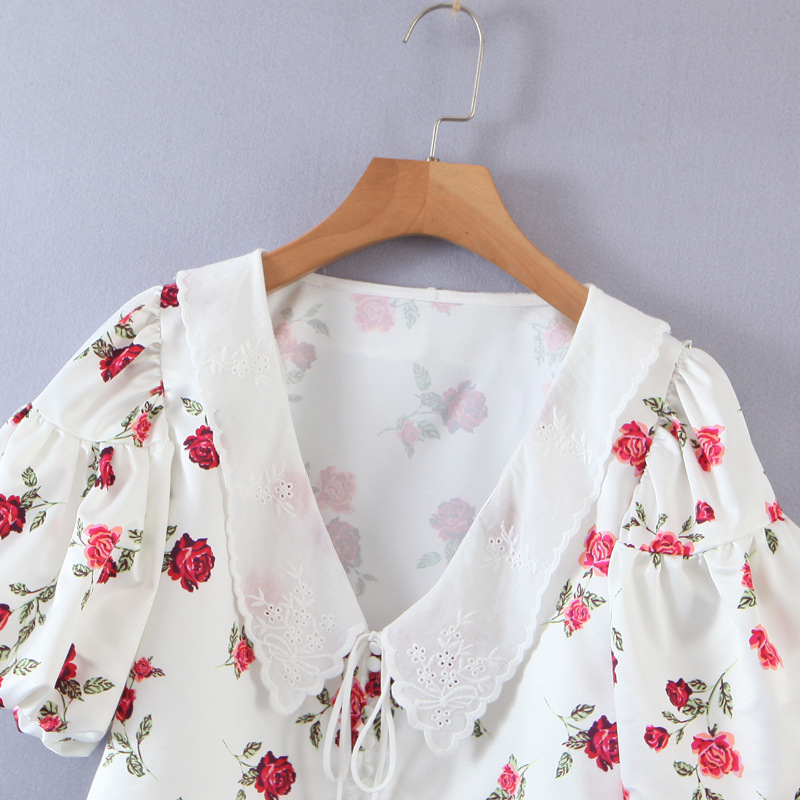 camisa de manga corta de otoño con flores de encaje para mujer NSAM5720